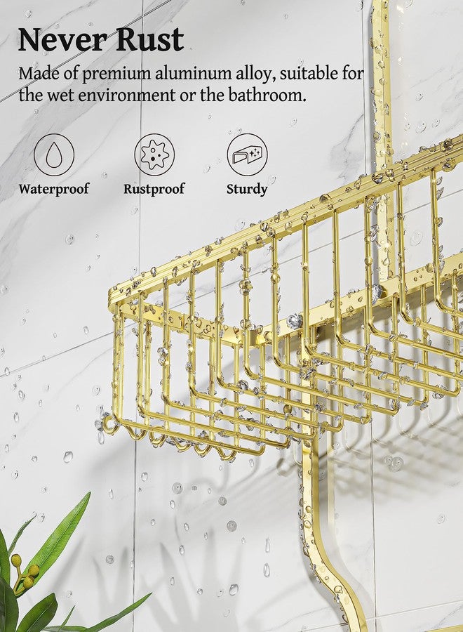 YASONIC Never Rust Shower Caddy Hanging Organizer - Aluminum Over-the-Showerhead Rack With 10 Hooks for Razor/Sponge and Soap Basket - Gold - Image 3